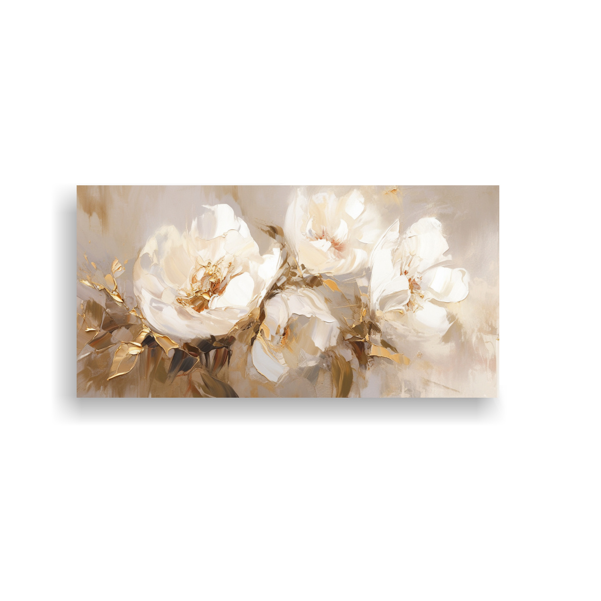 PINTURA EN LIENZO DE FLORES BLANCAS Y DORADAS PARA LA DECORACIÓN DEL AMBIENTE. 160X80CM - 1