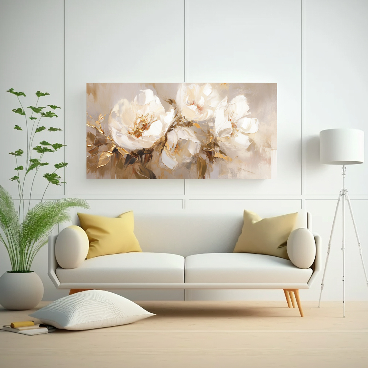 PINTURA EN LIENZO DE FLORES BLANCAS Y DORADAS PARA LA DECORACIÓN DEL AMBIENTE. 160X80CM - 2