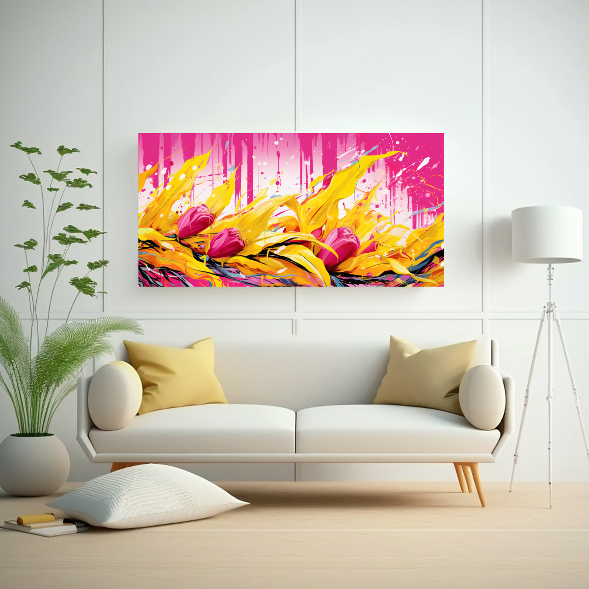 CUADRO DE TELA CON ADORNO DE COLORES DE MAÍZ EN AMARILLO Y ROSA, ATMÓSFERA NEONOIR 100X50CM - 2
