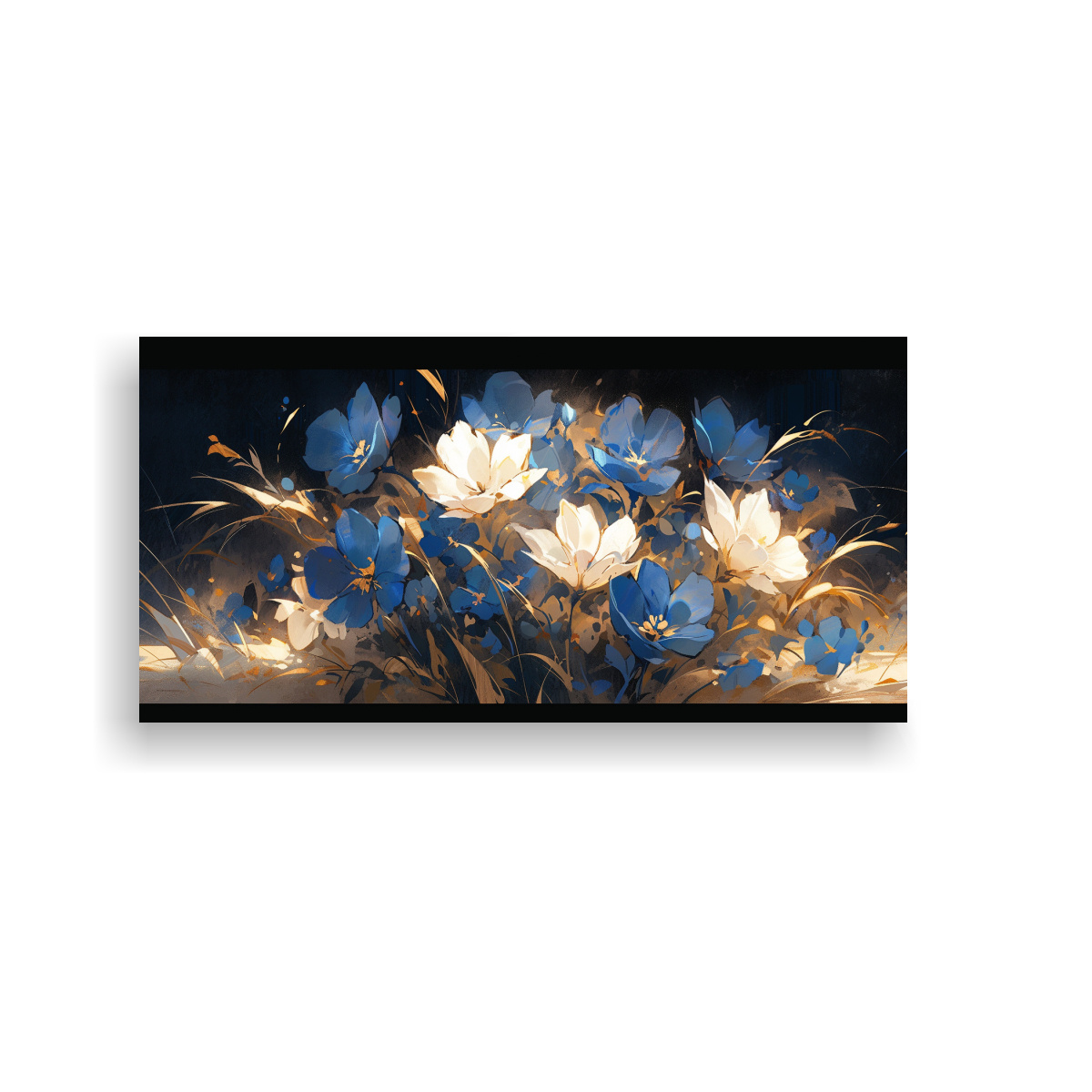 PINTURA EN LIENZO DE FLORES EN COLORES DORADO Y AZUL PARA DECORACIÓN 80X40CM - 1