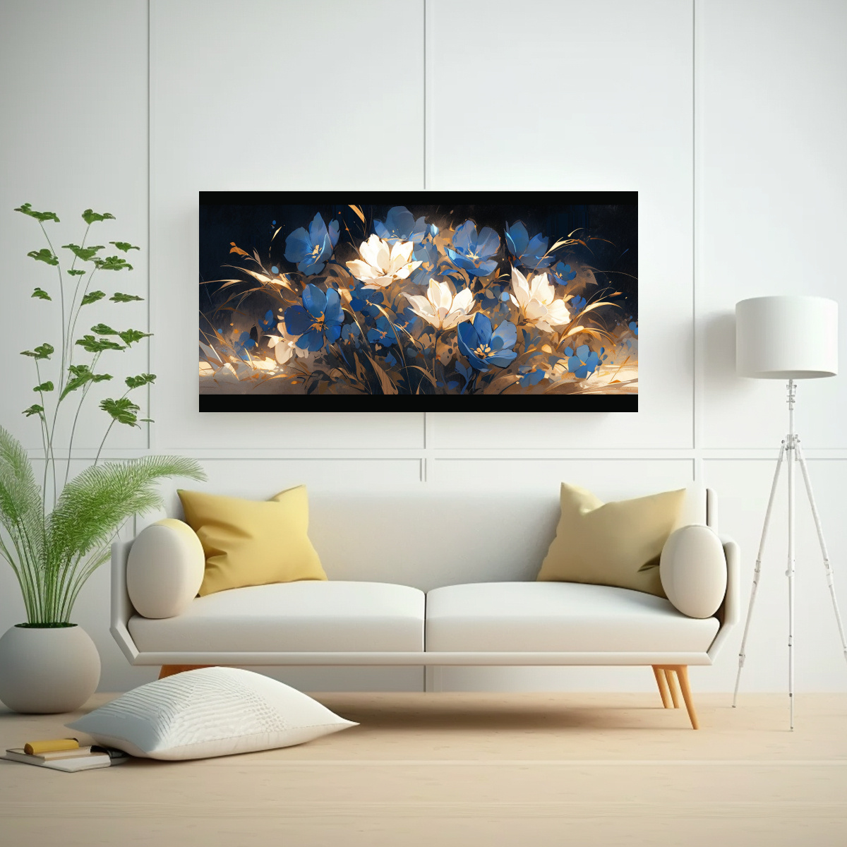 PINTURA EN LIENZO DE FLORES EN COLORES DORADO Y AZUL PARA DECORACIÓN 80X40CM - 2
