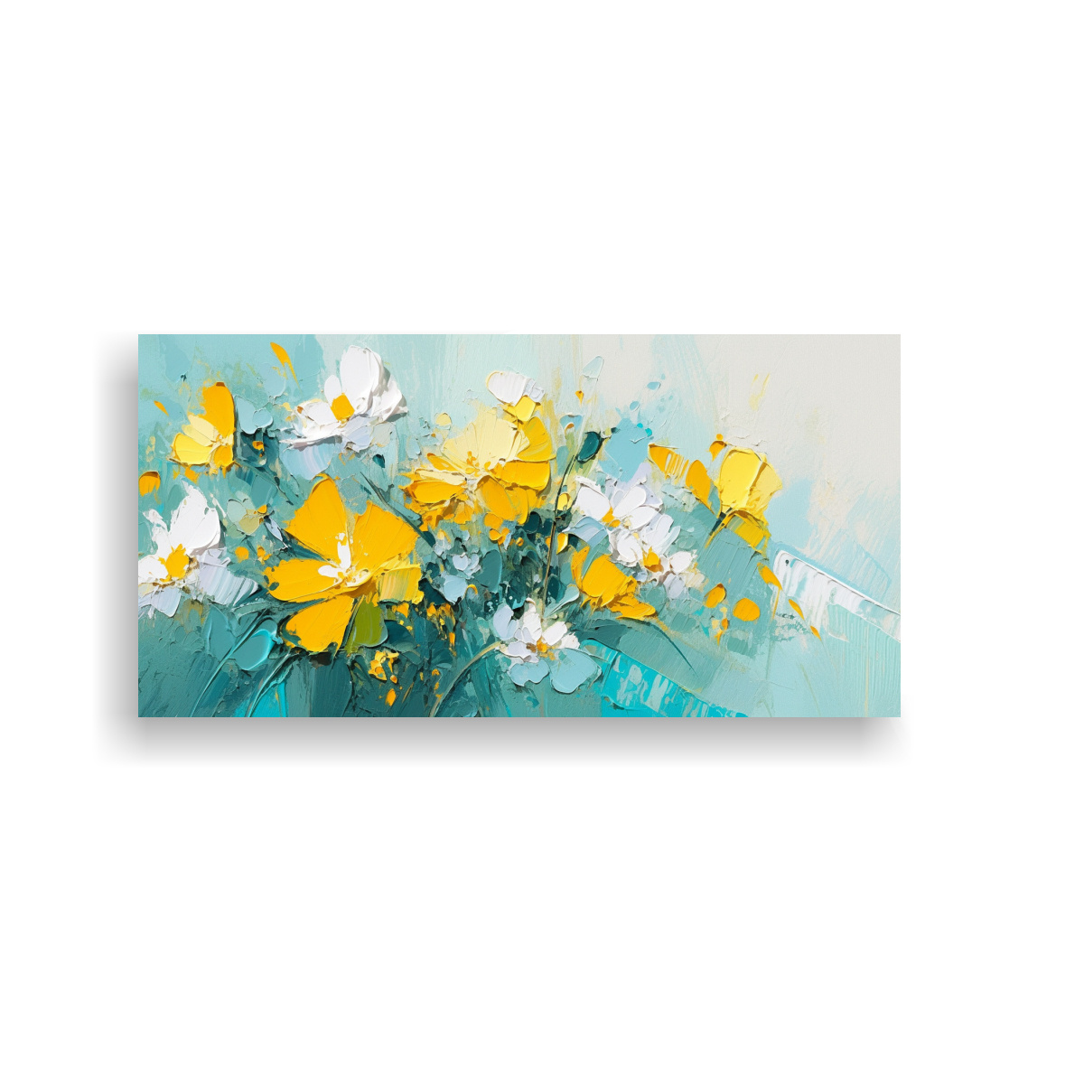 ARTE DE PARED TEMA CLÁSICO PINTURA EN LIENZO DE FLORES AMARILLAS Y TURQUESAS 140X70CM - 1