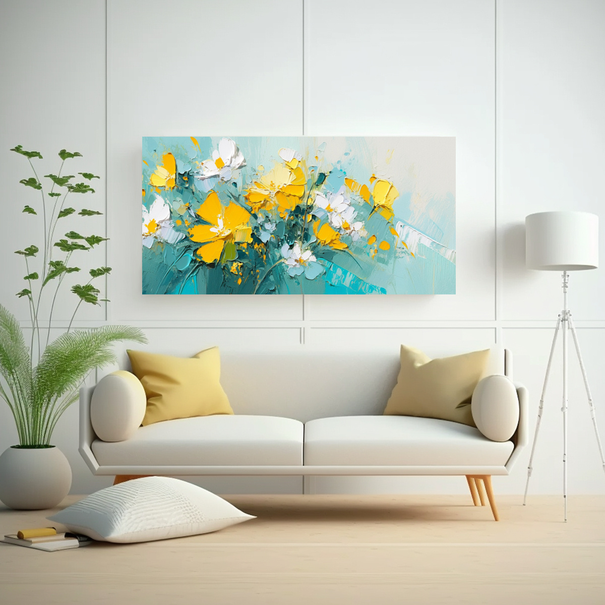 ARTE DE PARED TEMA CLÁSICO PINTURA EN LIENZO DE FLORES AMARILLAS Y TURQUESAS 140X70CM - 2