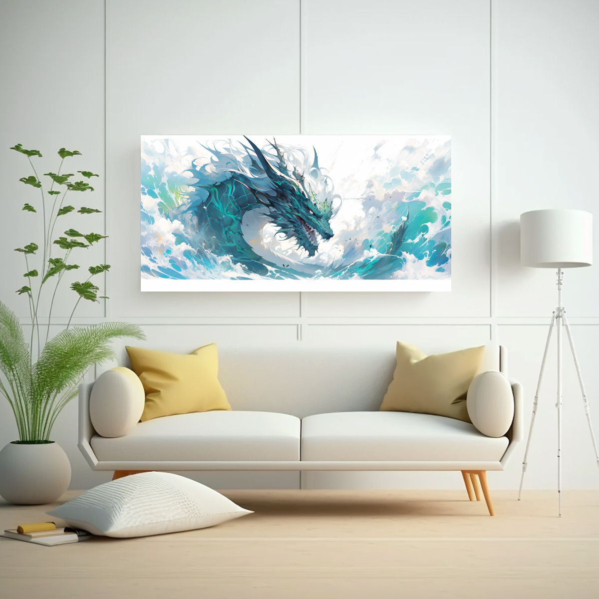 PINTURA DECORATIVA VINTAGE DE UN DRAGÓN EN ACUARELAS Y COLORES TURQUESA ESTILO NEO POP AR 140X70CM - 2