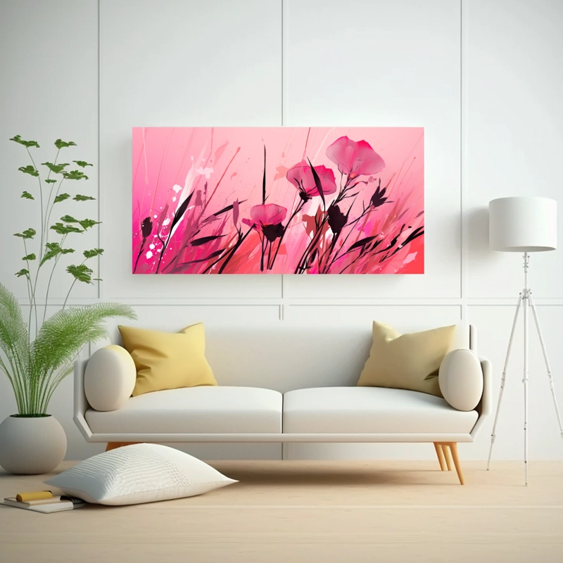 LIENZO DE TELA ESTILO GALERÍA MINIMALISTA EN TONOS ROSA Y HIERBAS DE LIMONCILLO AMBIENTE  60X30CM - 2