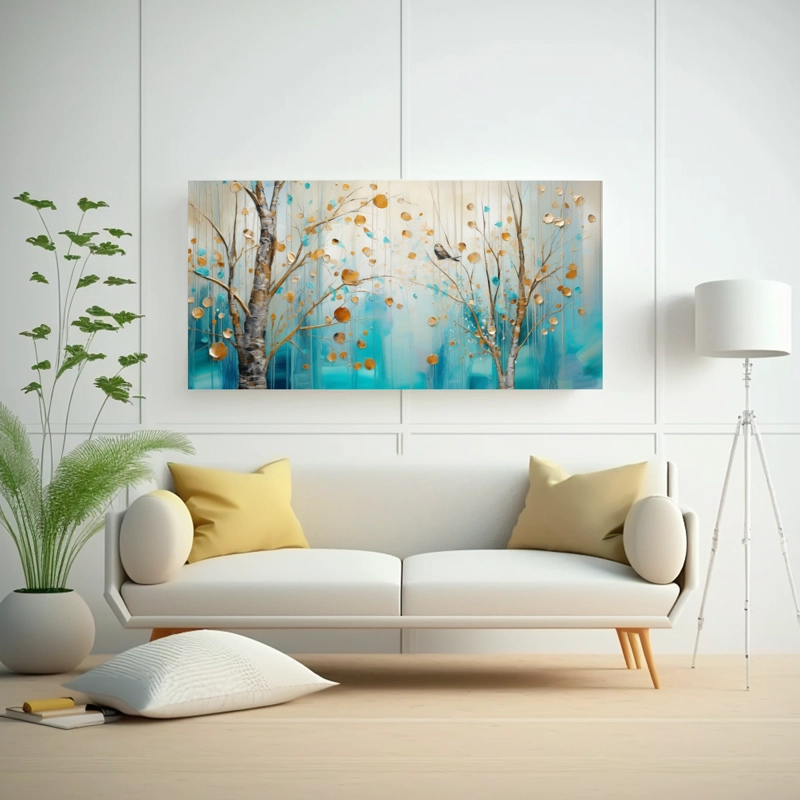 CUADRO DE PARED DECORATIVO TURQUESA Y DORADO PARA EL COMEDOR 60X30CM - 2