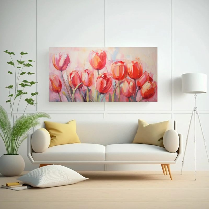 CUADRO ABSTRACTO DE TULIPANES EN ÓLEO DE ALTA CALIDAD PARA DECORAR LA SALA 60X30CM - 2
