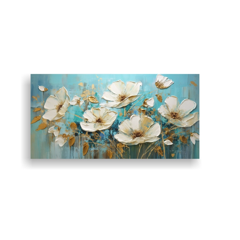 CUADRO IMPACTANTE DE FLORES EN TURQUESA Y ORO EN LIENZO DECORATIVO 40X20CM - 1