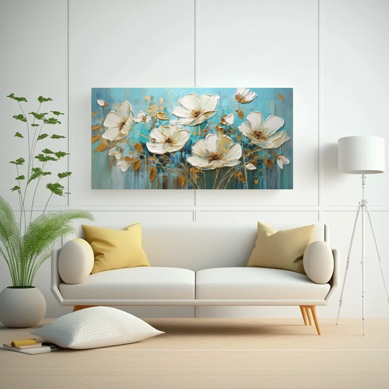 CUADRO IMPACTANTE DE FLORES EN TURQUESA Y ORO EN LIENZO DECORATIVO 40X20CM - 2