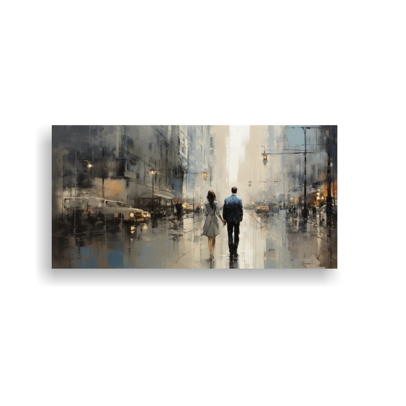 CUADRO JUVENIL PINTURA AL ÓLEO IMPRESIONISTA DE UN HOMBRE Y UNA MUJER CAMINANDO 40X20CM - 1