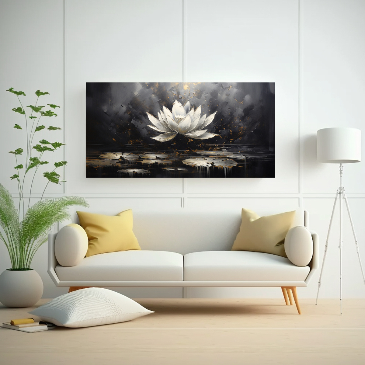 PINTURA LIENZO CÁLIDO, ADORNO NEGRO LOTÚS EN ESTILO DECORATIVO 60X30CM - 2
