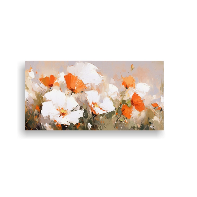 CUADRO INSPIRADOR: OBRA MAESTRA DE FLORES BLANCAS Y NARANJAS EN LIENZO 80X40CM - 1
