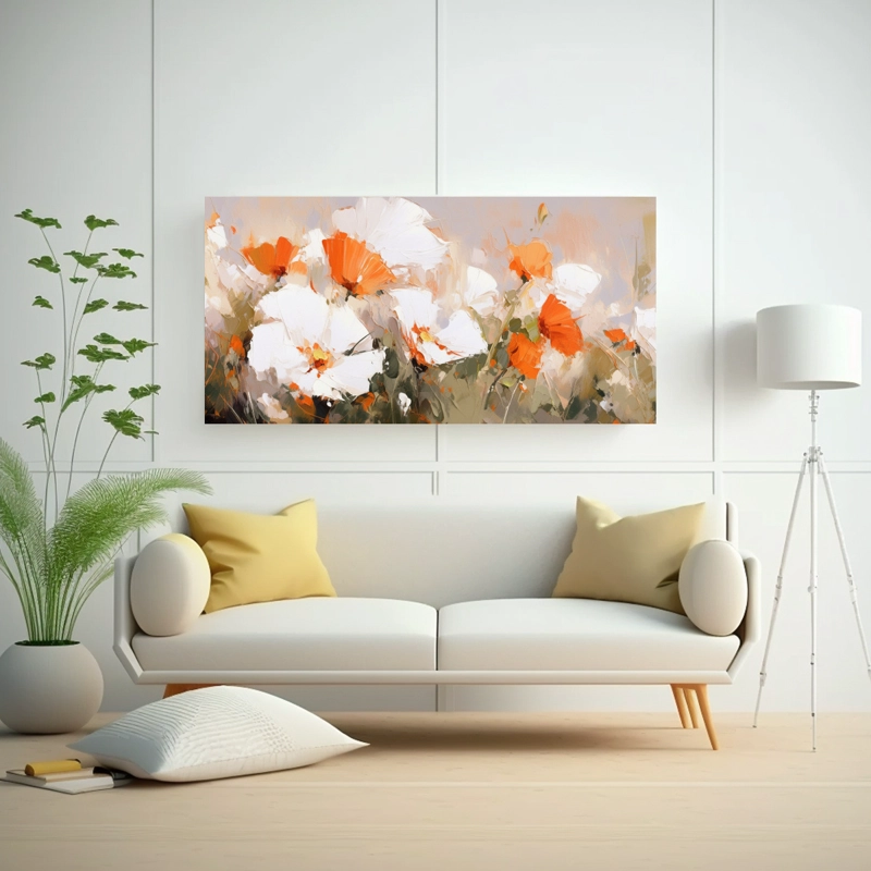 CUADRO INSPIRADOR: OBRA MAESTRA DE FLORES BLANCAS Y NARANJAS EN LIENZO 80X40CM - 2