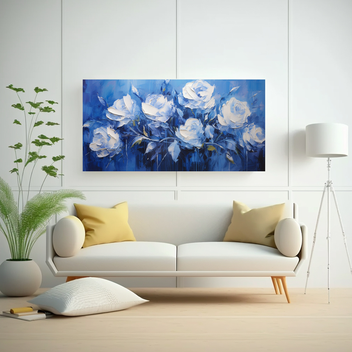 PINTURA MULTICOLOR DE ROSAS AZULES EN LIENZO AL ESTILO DE B 100X50CM - 2