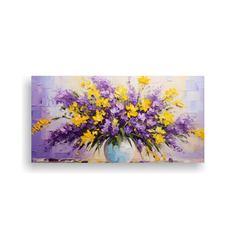 LIENZO MODERNO BRILLANTE FLORES AMARILLAS Y MORADAS EN PINTURA SOBRE LIENZO 60X30CM - 1