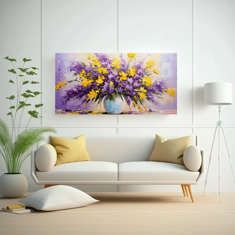 LIENZO MODERNO BRILLANTE FLORES AMARILLAS Y MORADAS EN PINTURA SOBRE LIENZO 60X30CM - 2