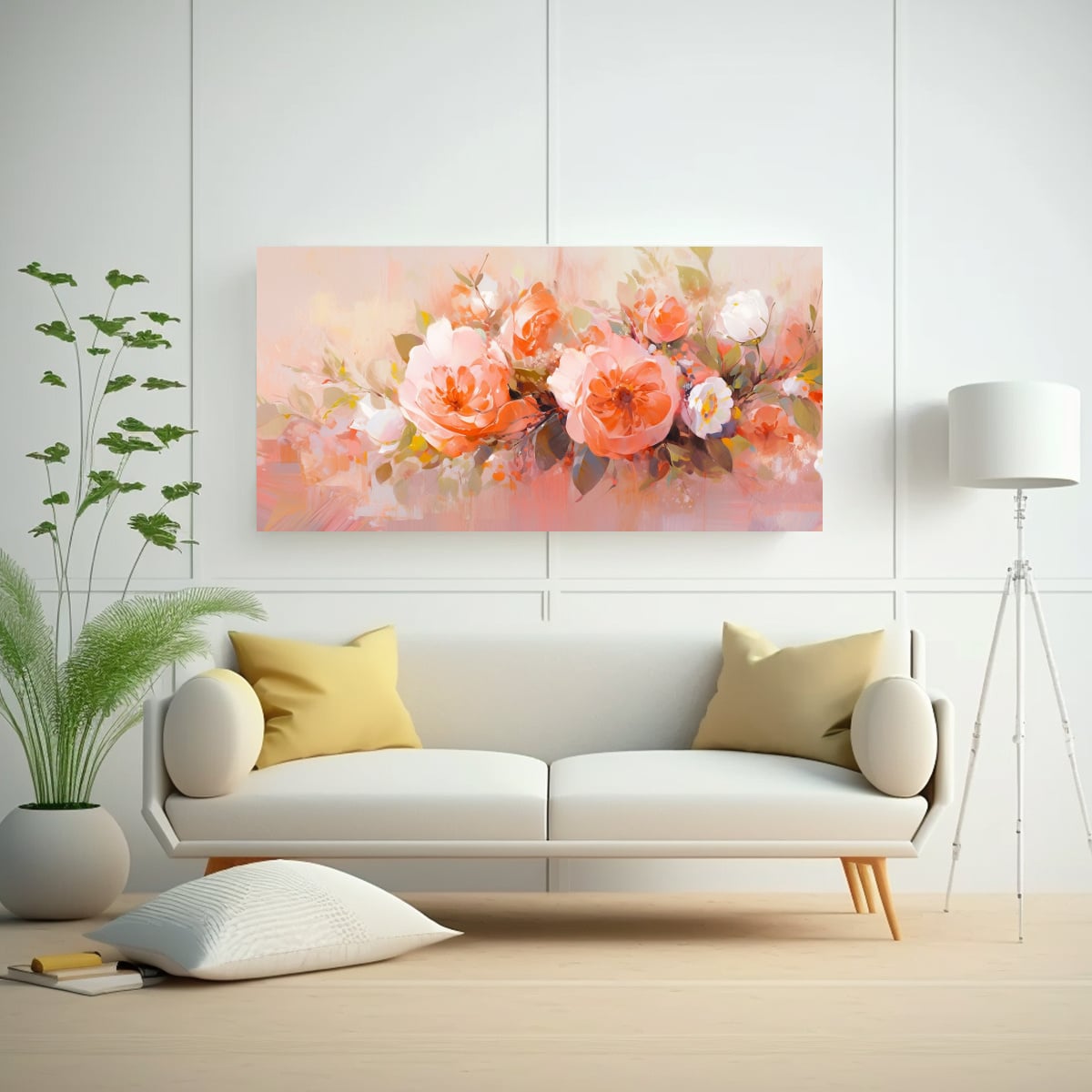 PINTURA EN LIENZO CON DETALLES INTRINCADOS DE FLORES EN COLORES NARANJA Y ROSA EN PINTURAS 40X20CM - 2
