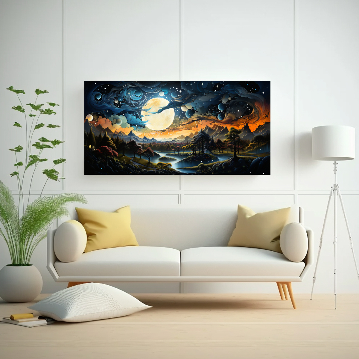 TELA EN BASTIDOR INSPIRADOR MAJESTUOSAS PAISAJES CON LUNA JUNTO A LAS MONTAÑAS 140X70CM - 2