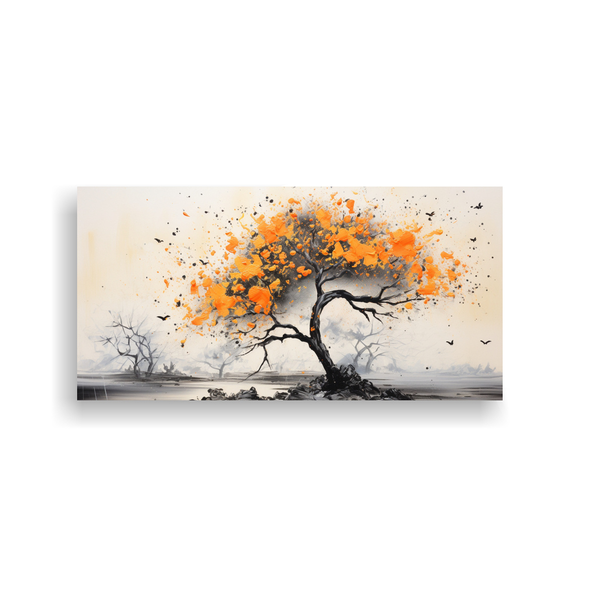 COMPOSICIÓN MOVIMIENTO VISUAL: PINTURA ABSTRACTA ACUARELA ÁRBOL NARANJA COLORES NEGROS 60X30CM - 1