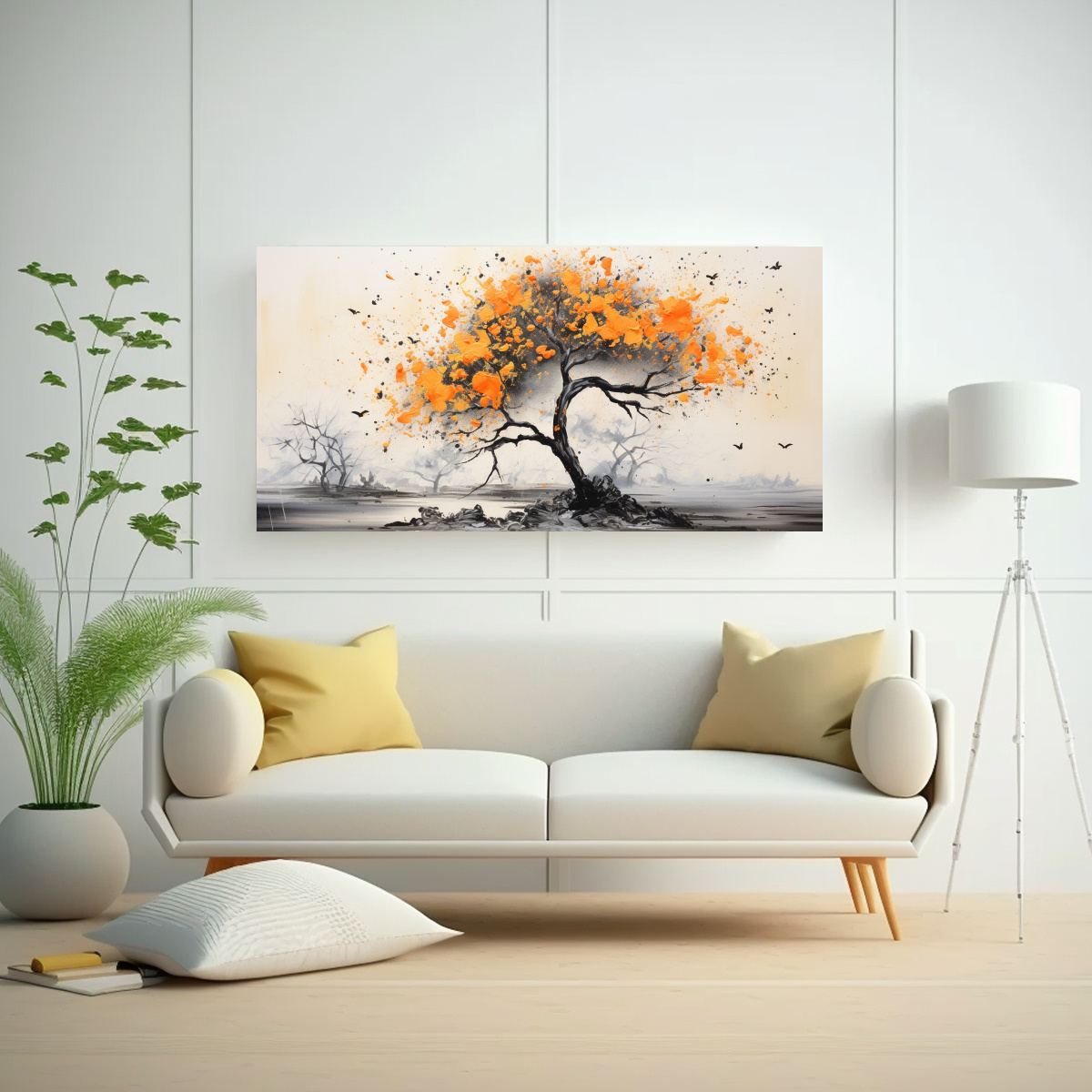 COMPOSICIÓN MOVIMIENTO VISUAL: PINTURA ABSTRACTA ACUARELA ÁRBOL NARANJA COLORES NEGROS 60X30CM - 2