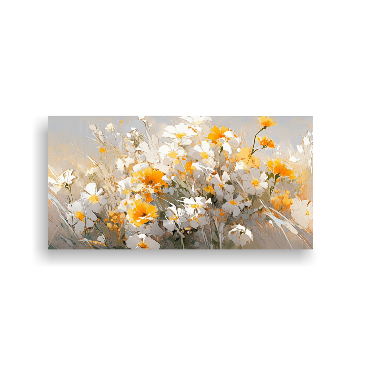 ARTE DE PARED COMPOSICIÓN DINÁMICA FLORES AMARILLAS Y PLATEADAS EN LIENZO 160X80CM - 1