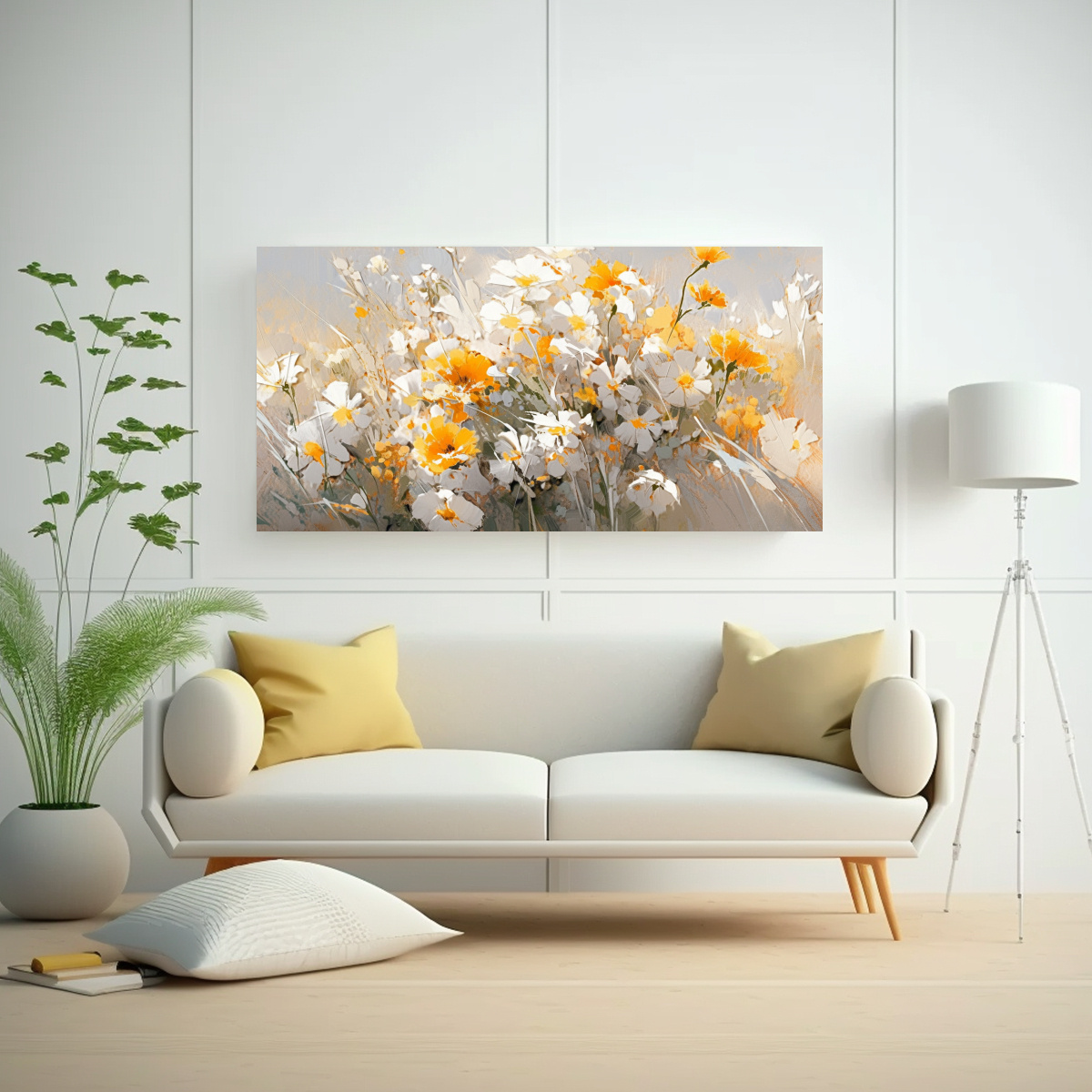 ARTE DE PARED COMPOSICIÓN DINÁMICA FLORES AMARILLAS Y PLATEADAS EN LIENZO 160X80CM - 2