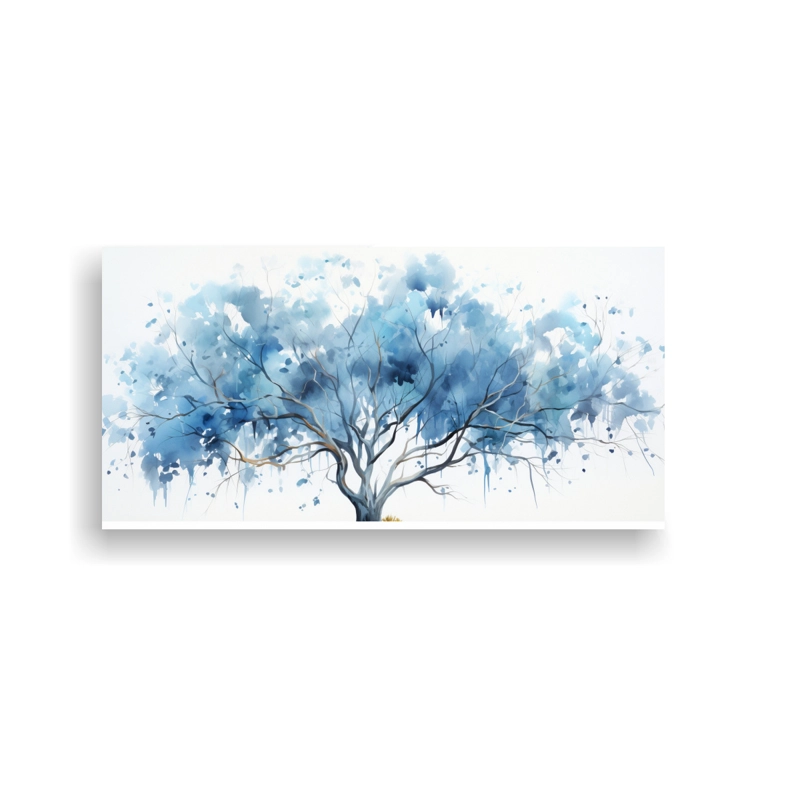 PINTURA ABSTRACTA EN ACUARELA DE COLORES AZULES DE UN ÁRBOL DE EUCALIPTO CON CONCEPTO DE  100X50CM - 1