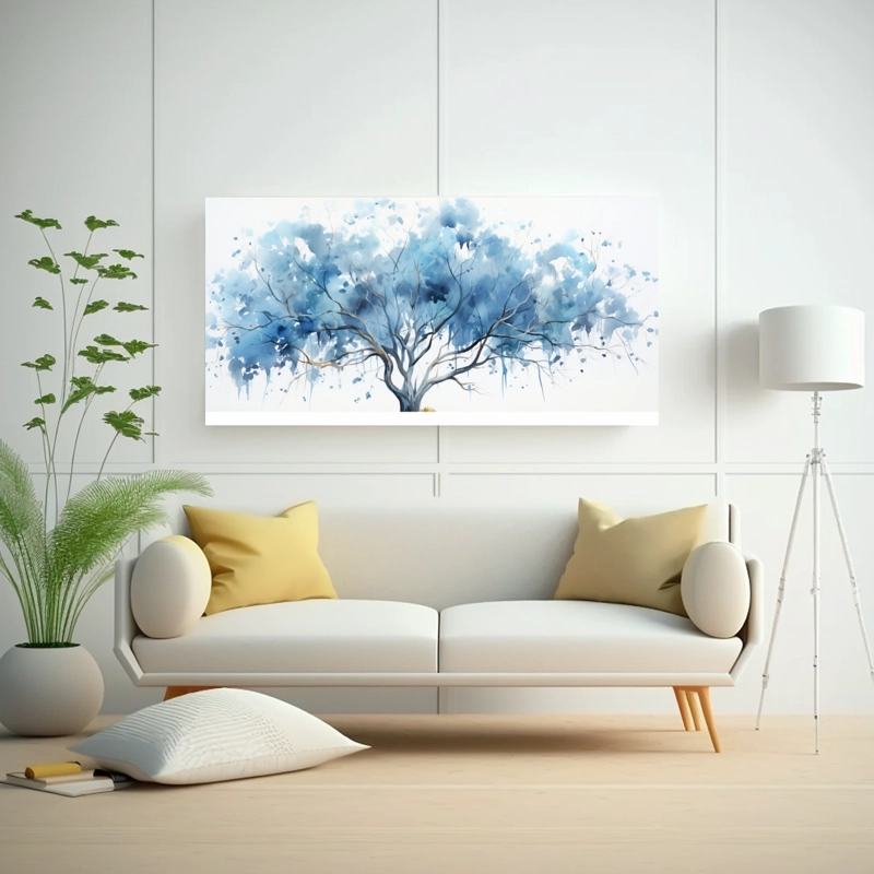 PINTURA ABSTRACTA EN ACUARELA DE COLORES AZULES DE UN ÁRBOL DE EUCALIPTO CON CONCEPTO DE  100X50CM - 2