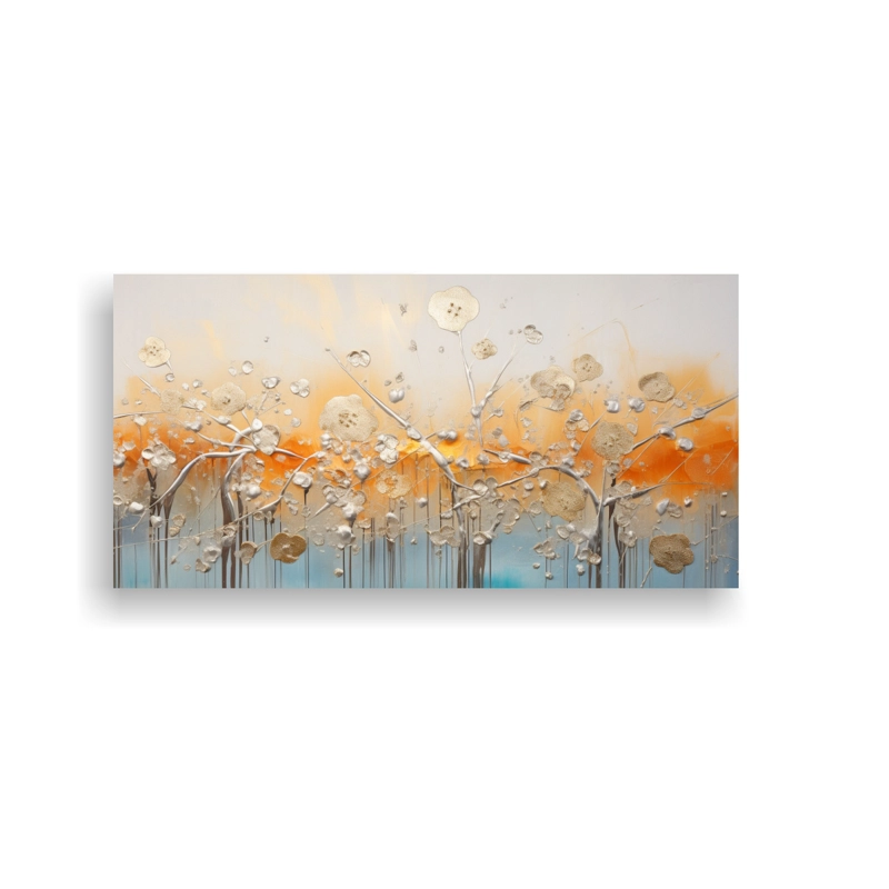 LIENZO DE TELA RELIEVE EN ESTILO CONCEPTUAL, NARANJA Y DORADO. 60X30CM - 1