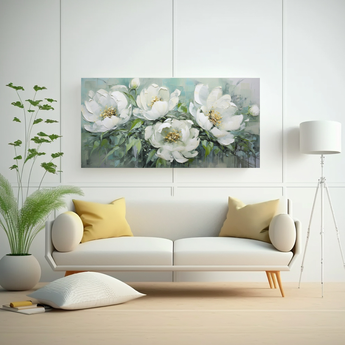 PINTURA FLORAL DE PEONÍAS VERDES EN LIENZO ESTILO DECORATIVO 80X40CM - 2