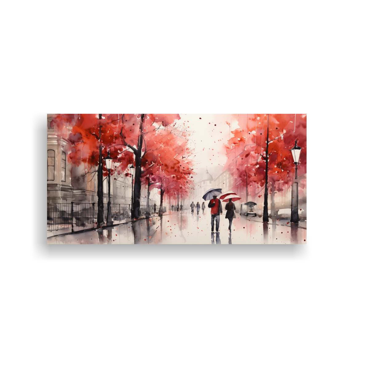 PASEO BAJO LA LLUVIA CON PARAGUAS ROJO Y ÁRBOLES EN LIENZO MODERNO 120X60CM - 1