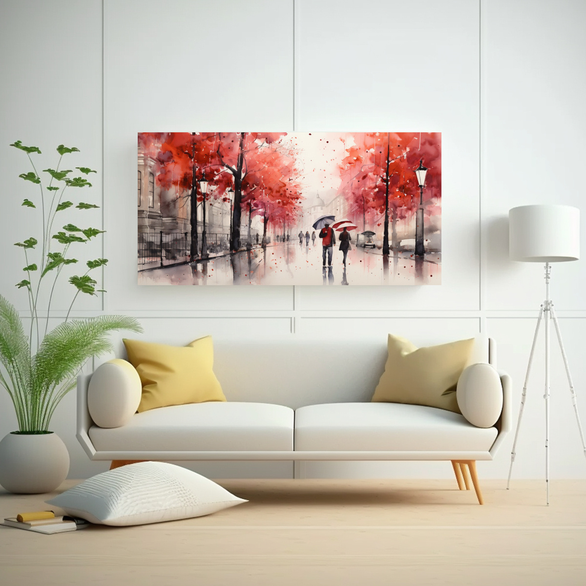 PASEO BAJO LA LLUVIA CON PARAGUAS ROJO Y ÁRBOLES EN LIENZO MODERNO 120X60CM - 2