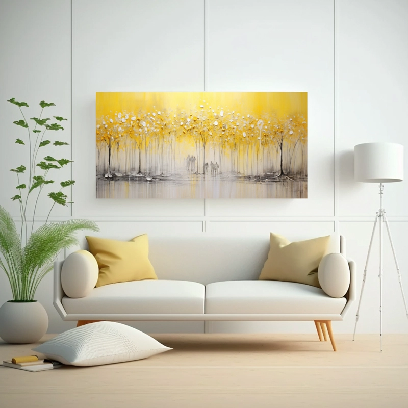 PINTURA DE COMPOSICIÓN VERTICAL JUVENILES EN AMARILLO Y PLATEADO EN ESTILO DECORATIVO. 80X40CM - 2
