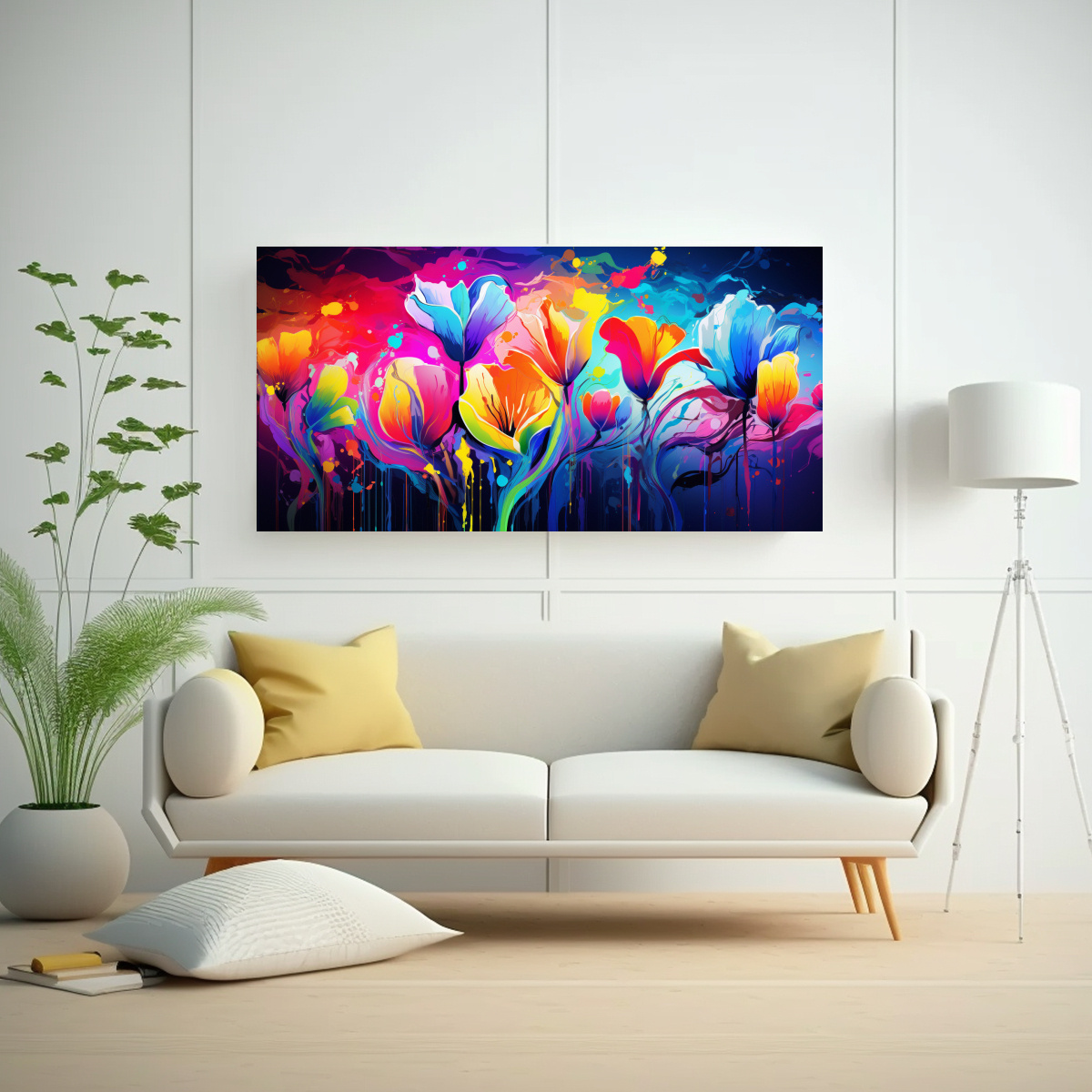 PINTURAS DECORATIVAS DE ARTE ACUARELA CON COLORES DEL ARCO IRIS Y ATMÓSFERA NEONOIR EN EL 100X50CM - 2