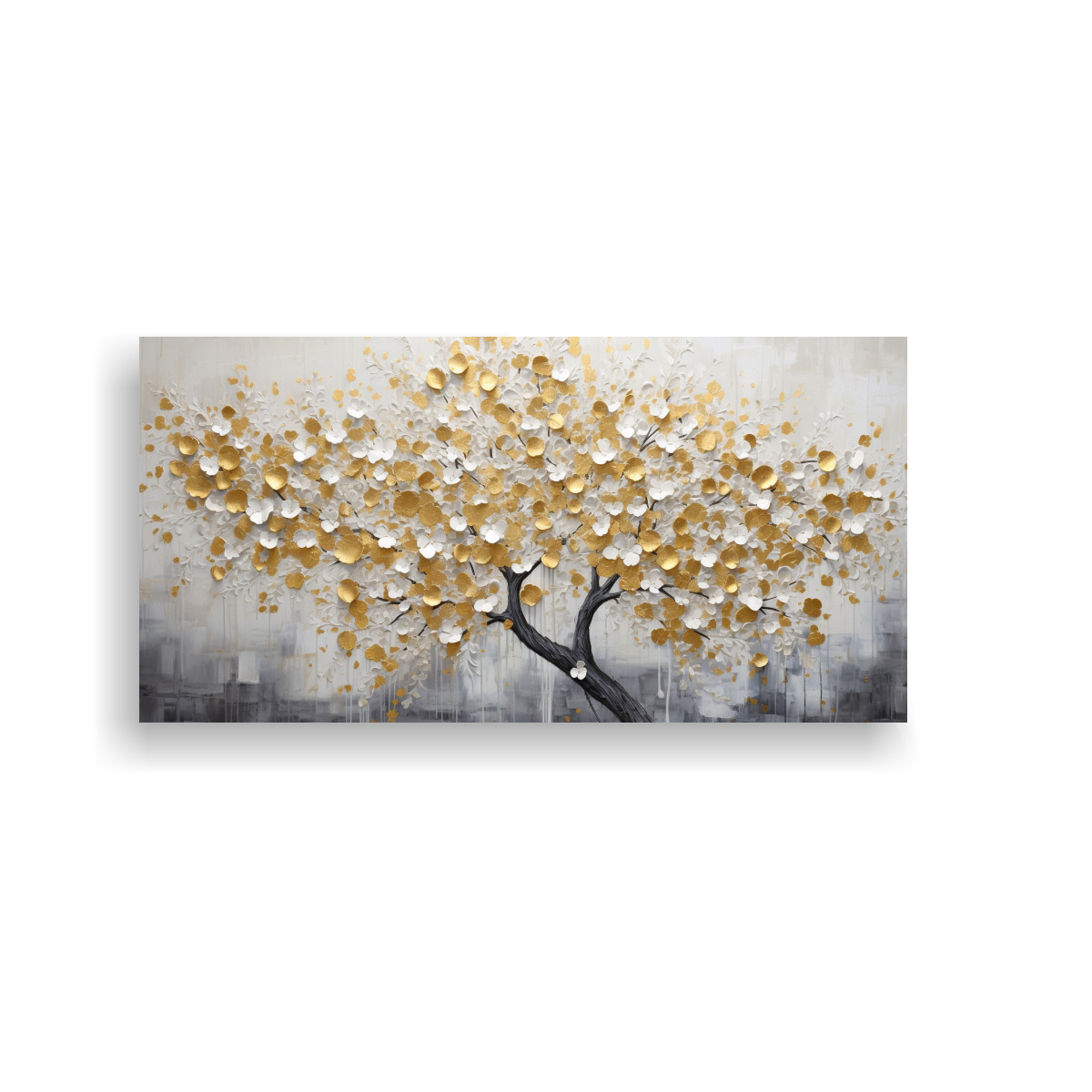 PINTURA DECORATIVA EN BLANCO Y AMARILLO CON ÁRBOL EN PRIMER PLANO 100X50CM - 1