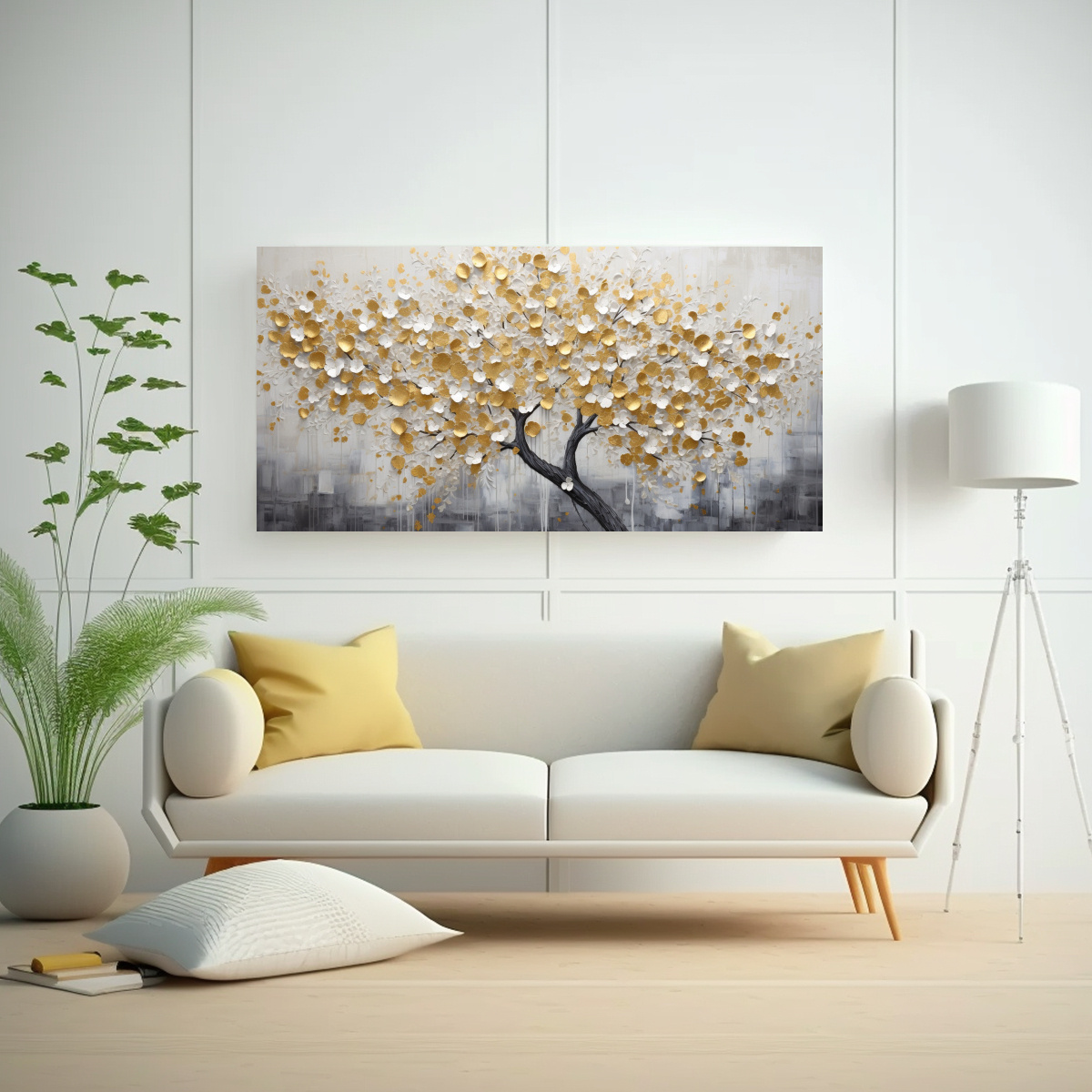 PINTURA DECORATIVA EN BLANCO Y AMARILLO CON ÁRBOL EN PRIMER PLANO 100X50CM - 2