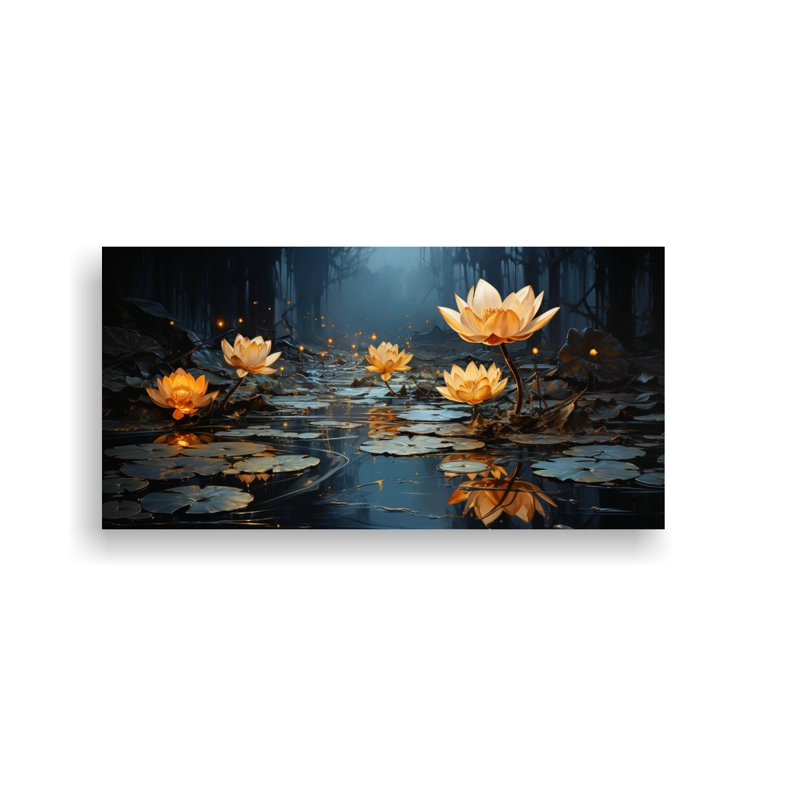 CUADRO TEMA CLÁSICO: PINTURA DE FLOR DE LOTO NEGRA EN LIENZO EN ESTILO MÁGICO 60X30CM - 1