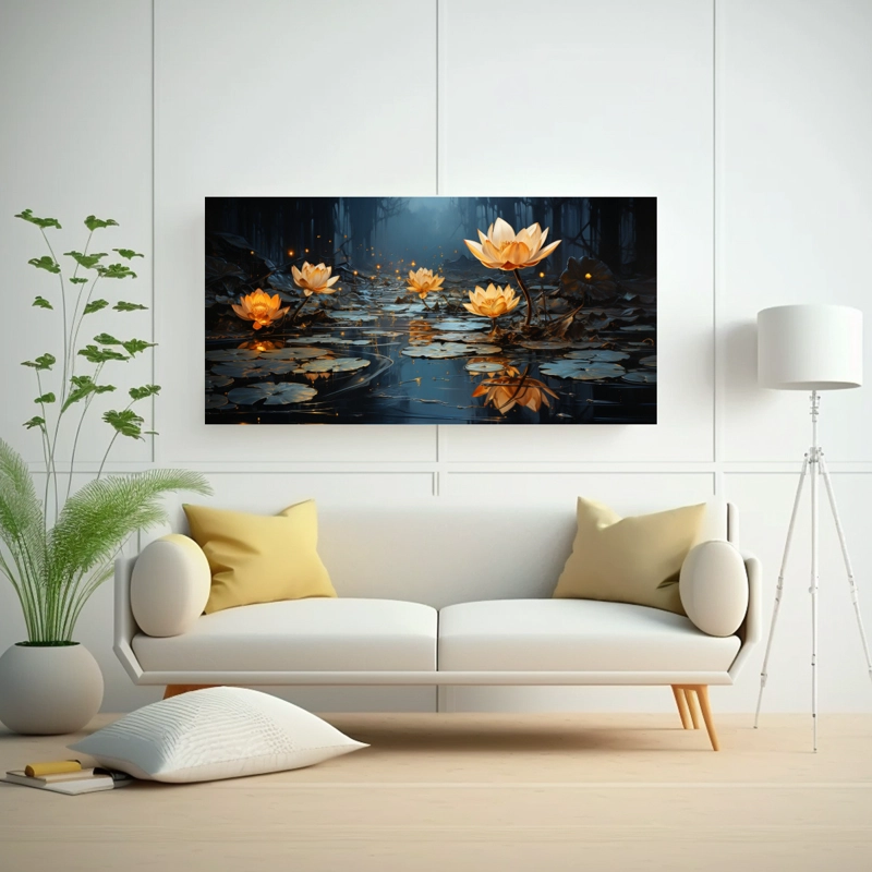 CUADRO TEMA CLÁSICO: PINTURA DE FLOR DE LOTO NEGRA EN LIENZO EN ESTILO MÁGICO 60X30CM - 2