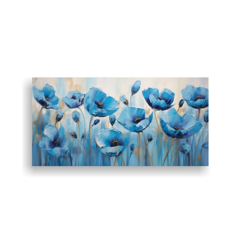 PINTURA DE ARTE DE PARED CUADRO DE AMAPOLAS AZULES EN LIENZO AL ESTILO DE COMPOSICIÓN EQU 120X60CM - 1