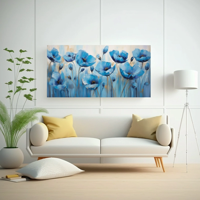 PINTURA DE ARTE DE PARED CUADRO DE AMAPOLAS AZULES EN LIENZO AL ESTILO DE COMPOSICIÓN EQU 120X60CM - 2