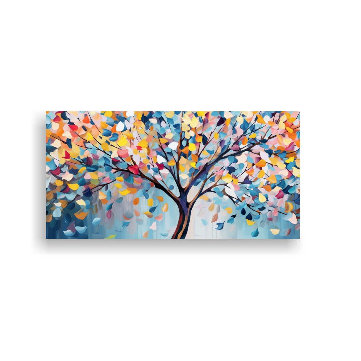 PINTURA DECORATIVA: ÁRBOL COLORIDO CON HOJAS COLGANTES AZULES Y BLANCAS 100X50CM - 1