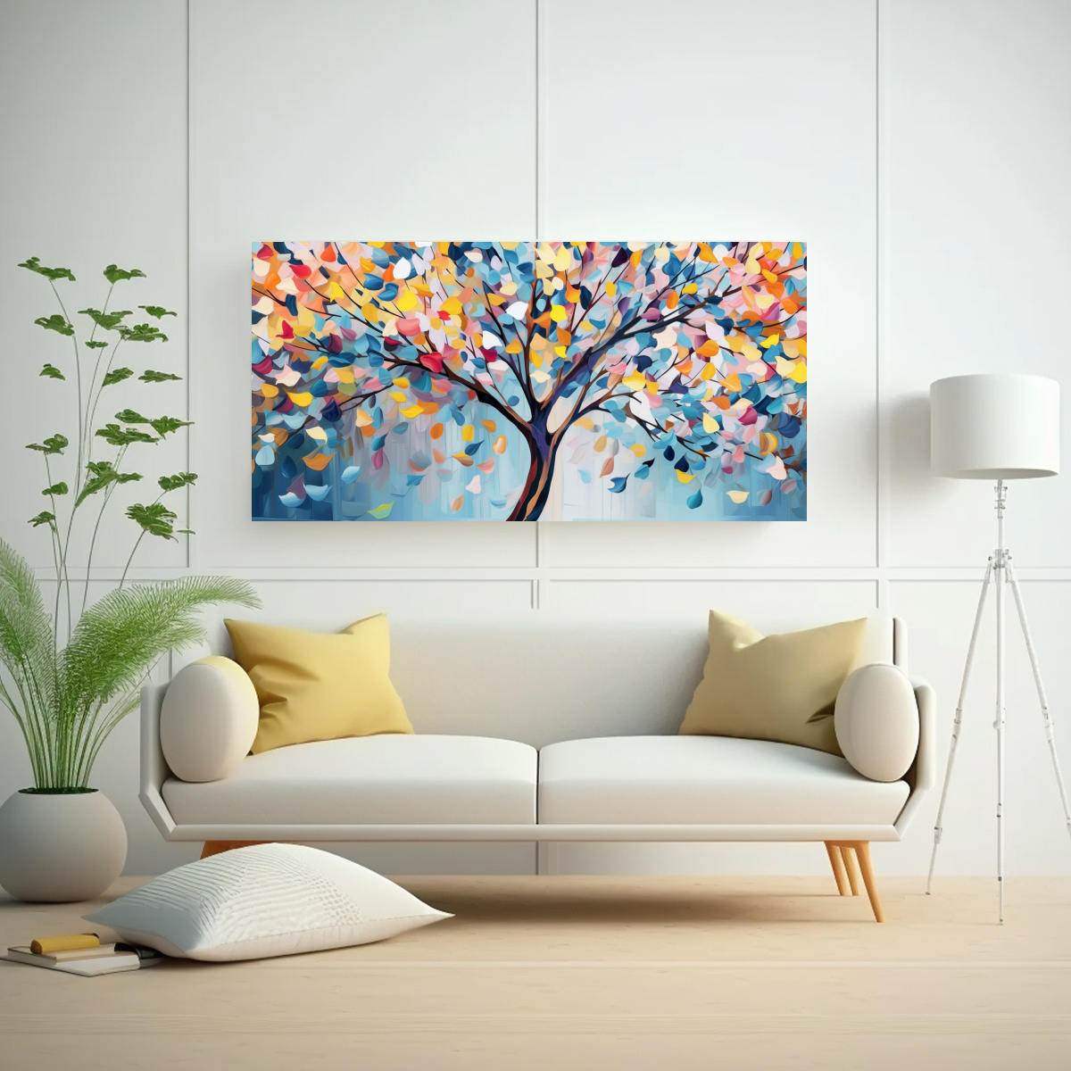 PINTURA DECORATIVA: ÁRBOL COLORIDO CON HOJAS COLGANTES AZULES Y BLANCAS 100X50CM - 2