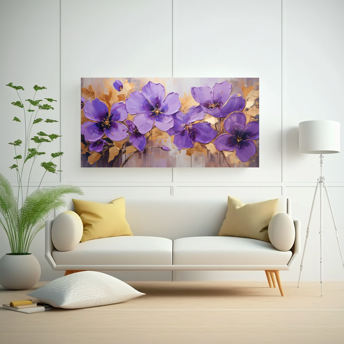 PINTURA JUVENIL DE FLORES MORADAS Y DORADAS EN LIENZO PARA DECORACIÓN 160X80CM - 2