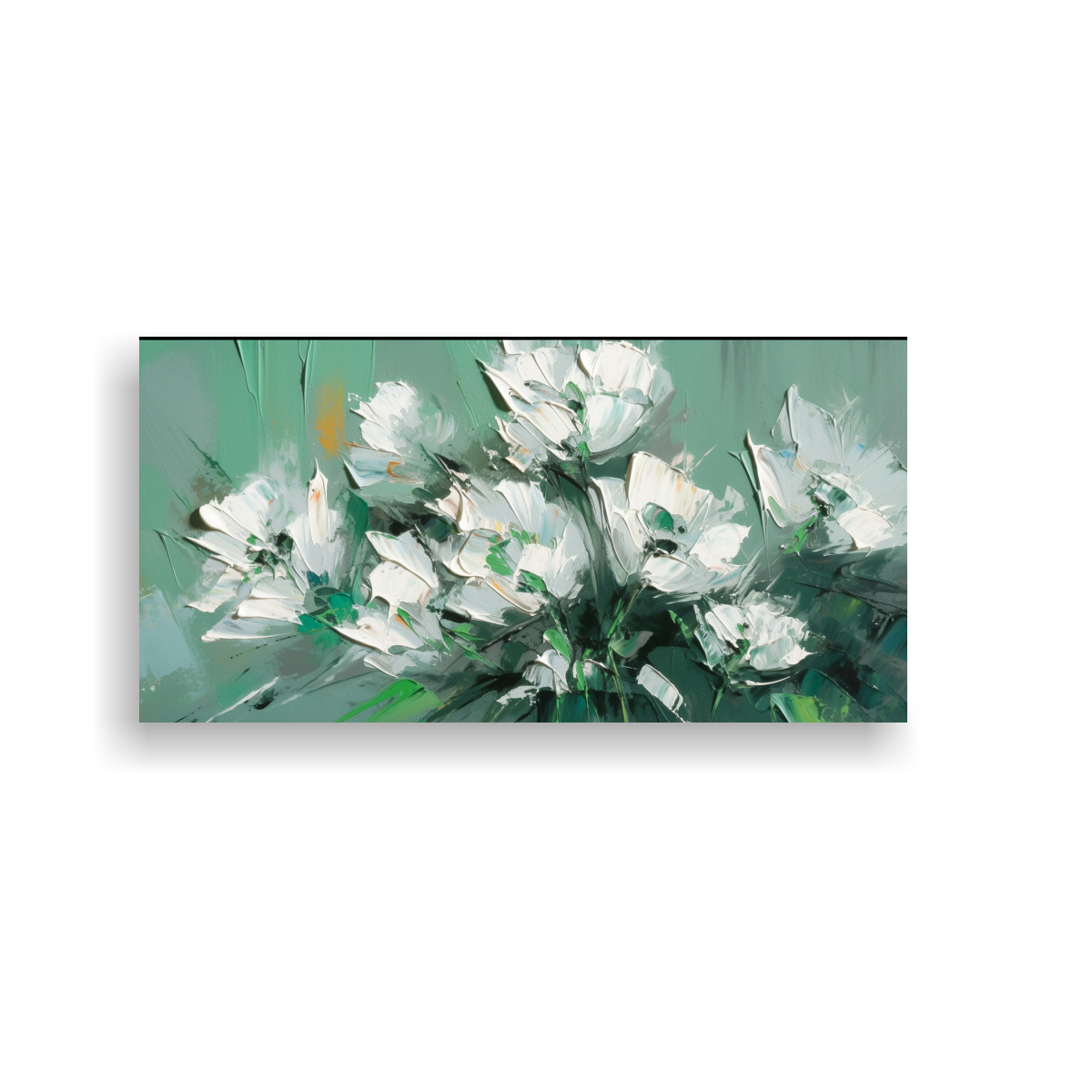 PINTURA EN LIENZO: COMPOSICIÓN VISUAL DE FLORES VERDES Y PLATEADAS 160X80CM - 1