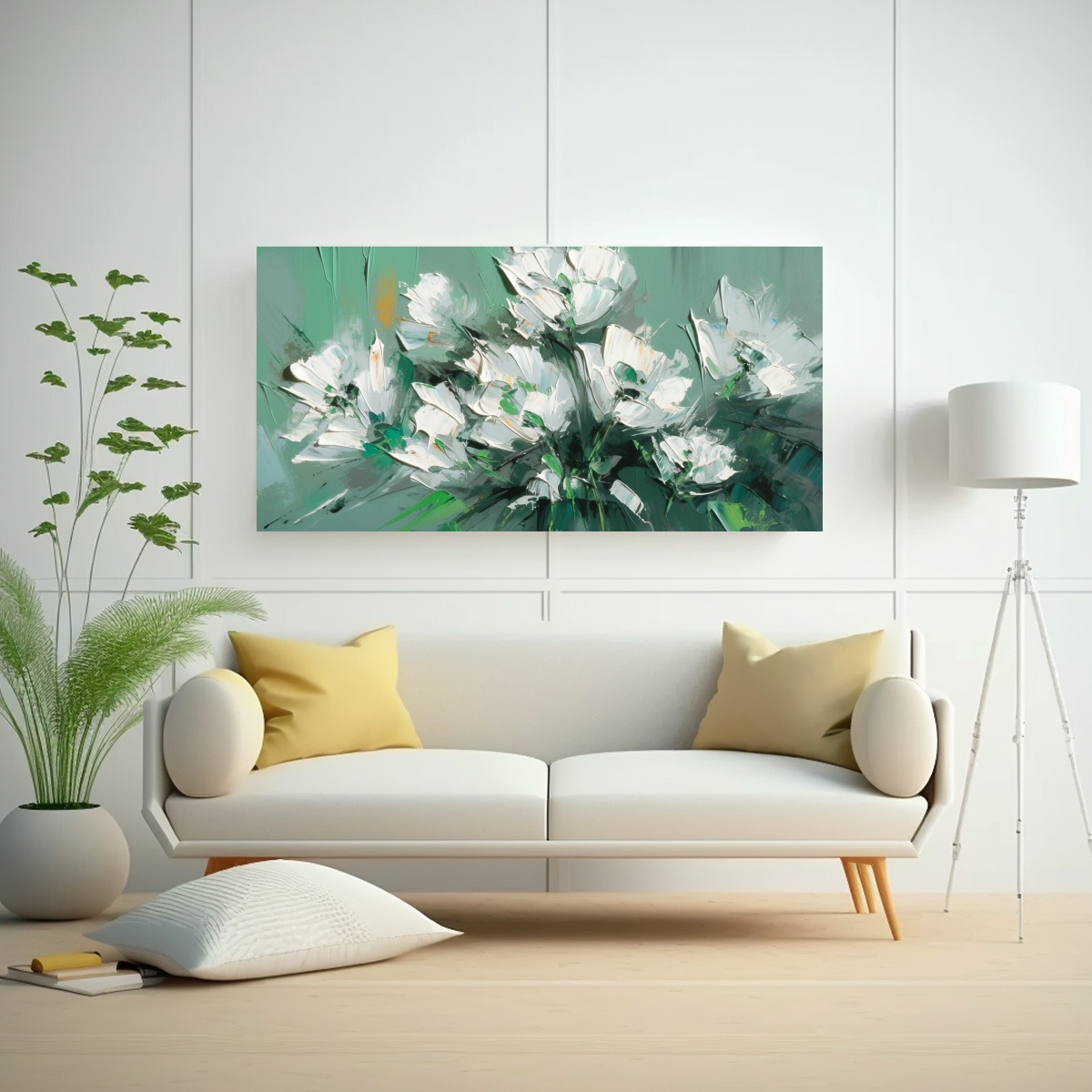 PINTURA EN LIENZO: COMPOSICIÓN VISUAL DE FLORES VERDES Y PLATEADAS 160X80CM - 2