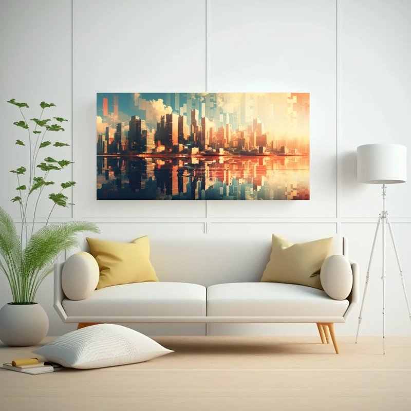 CUADRO DECORATIVO DE LIENZO ABSTRACCIÓN CLÁSICO CON VISTA URBANA Y LUZ MATUTINA REFLEJAN 60X30CM - 2