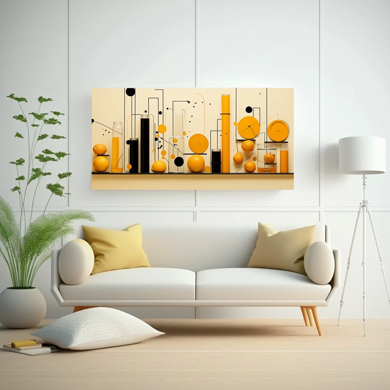 LIENZO MINIMALISTA DE COLLAGE DE MOTIVOS DE FÁBRICA DE JUGO PARA DECORAR OFICINA. 140X70CM - 2