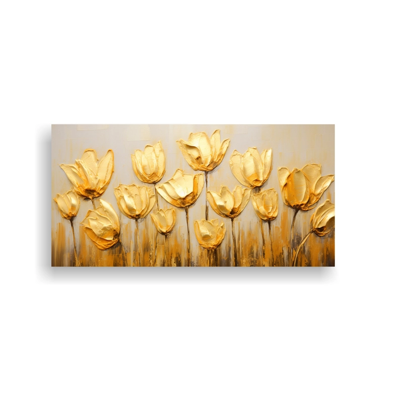CUADRO DE IMAGEN CREATIVA DE TULIPANES DORADOS EN LIENZO, ESTILO PINTURAS DE DECORACIÓN. 40X20CM - 1
