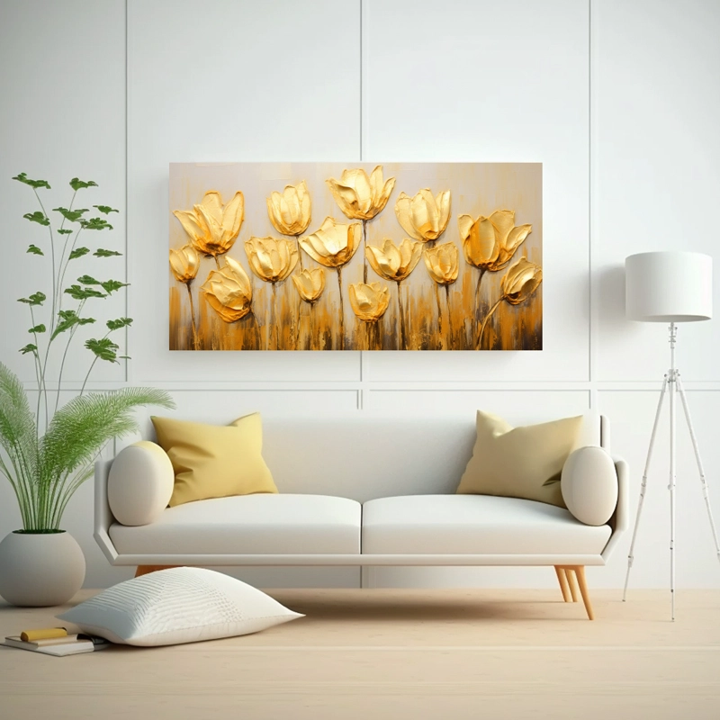 CUADRO DE IMAGEN CREATIVA DE TULIPANES DORADOS EN LIENZO, ESTILO PINTURAS DE DECORACIÓN. 40X20CM - 2