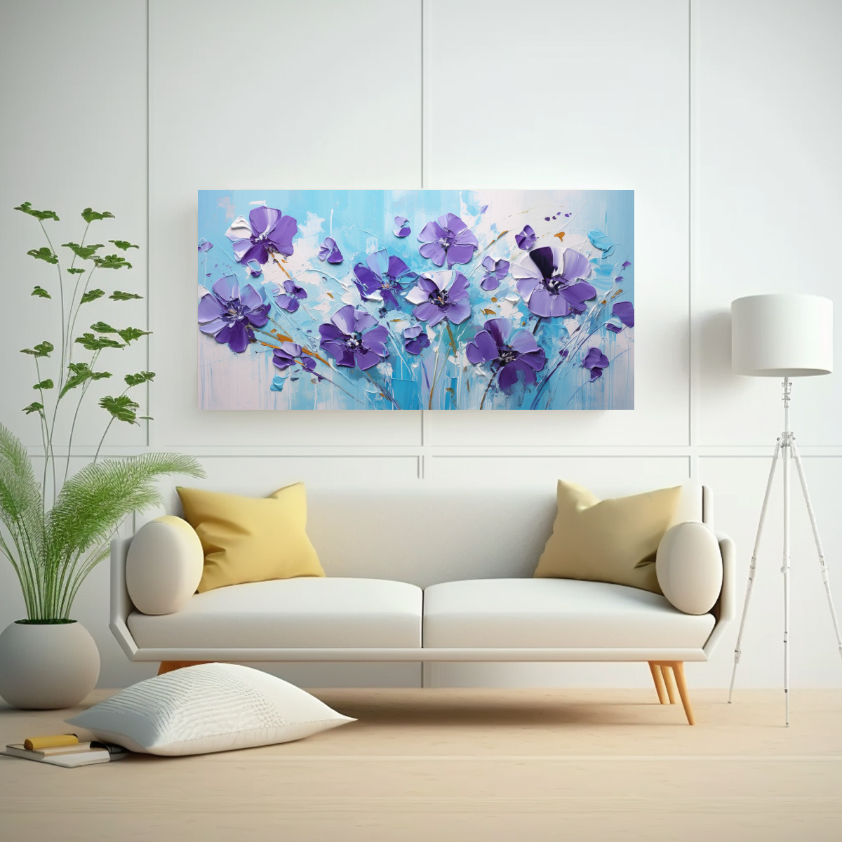 PINTURA EN LIENZO DE FLORES EN COLORES PÚRPURA Y TURQUESA CON EXPRESIVIDAD 140X70CM - 2